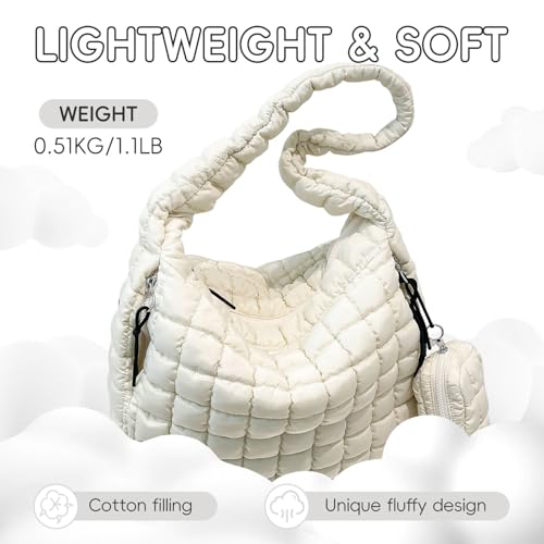 Puffer Tote Bag for Women, Large Quilted Puffer Bag with Pouch, Puffy Quilted Hobo Bag, Puff Crossbody Purse - color: 2-white