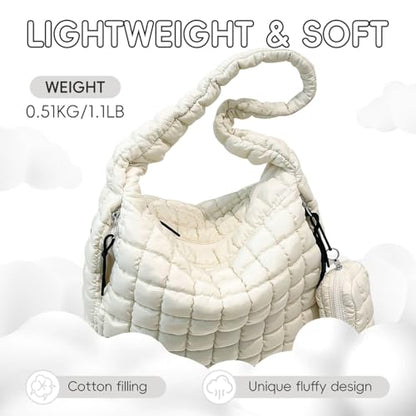 Puffer Tote Bag for Women, Large Quilted Puffer Bag with Pouch, Puffy Quilted Hobo Bag, Puff Crossbody Purse - color: 2-white