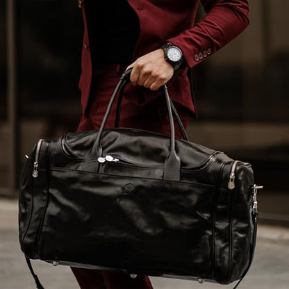 Time Resistance Leather Duffel Bag - Large Weekend Gym Travel Bag (Black) - color: Black