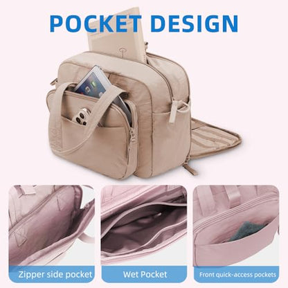 mini gym bag for women, travel duffel bag with wet pockets and Shoe Compartment,Lightweight carry on weekender duffel, water resistant,for sports,yoga,dance,khaki - color: khaki