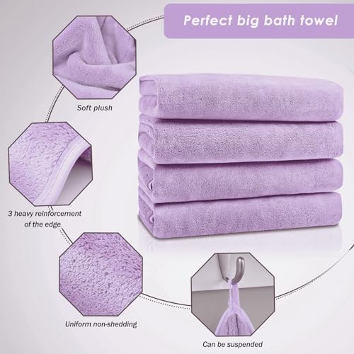 GraceAier Microfiber Bath Towels 4 Pack, 28x56 Inch Coral Velvet Quick Dry Towel Set, Highly Absorbent, Ultra Soft & Lint-Free for Bathroom, Gym, Travel and Swim-Purple - color: Microfiber-purple