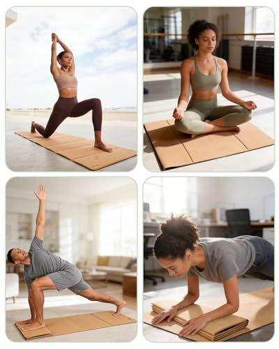 Rocalt Foldable Cork Yoga Mat, Non Slip Travel Pilates Workout Mat | 69" x 24" x 0.25", accordion-fold design, POE backing, carry strap for yoga, stretching and travel