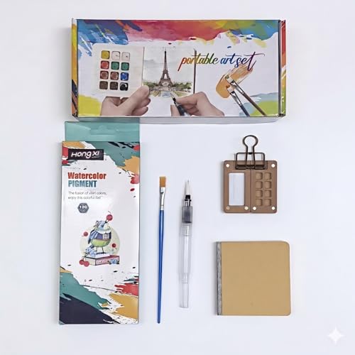 Mini Watercolor Set & Portable Palette, Pocket Travel Small | 24 Upgraded Colors, 2 Brushes, Sketchbook & Binder Clips, Easy-Clean Grid Paint Box - size: XHB-8