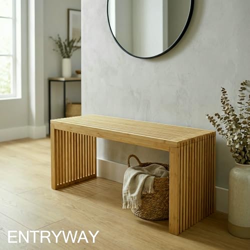 Bamboo Natural 36 inch Wooden Bench, Small Wood Benches for Entryway, Living & Dining Room, Kitchen, Bedroom, Bathroom, Hallway, Front Door, For Indoor & Outdoor Patio Use, Mid Century Modern Decor - color: Waterfall Natural