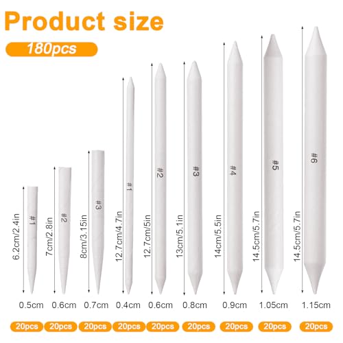 moheaaei 180 PCS Blending Stumps and Tortillions Blending Sticks, 9 Sizes Blender Pencil Set for Drawing, Sketching, Shading, Art Blenders, Paper Blend Stumps for Charcoal, Pastel, Colored Pencil