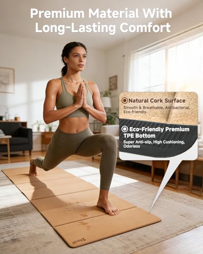 Rocalt Foldable Cork Yoga Mat, Non Slip Travel Pilates Workout Mat | 69" x 24" x 0.25", accordion-fold design, POE backing, carry strap for yoga, stretching and travel