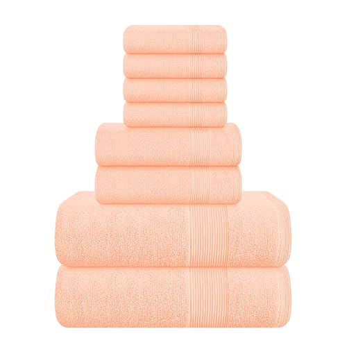 Belizzi Home 8 Piece Towel Set 100% Ring Spun Cotton, 2 Bath Towels 27x54, 2 Hand Towels 16x28 and 4 Washcloths 13x13 - Ultra Soft Highly Absorbent Machine Washable Hotel Spa Quality - Peach - color: Peach, size: 8 Piece Towel Set