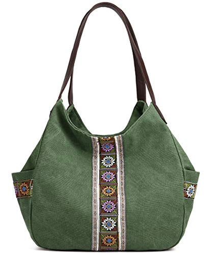 Worldlyda Women Canvas Hobo Purse Multi Pocket Tote Shopper Shoulder Bag Casual Top Handle handbag with Embroidery Ethnic - color: Army Green 1