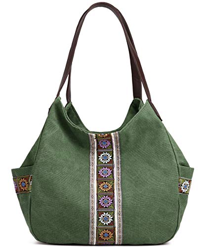 Worldlyda Women Canvas Hobo Purse Multi Pocket Tote Shopper Shoulder Bag Casual Top Handle handbag with Embroidery Ethnic - color: Army Green 1