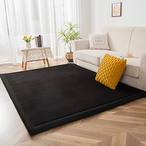 MAXYOYO Black Coral Velvet Area Rug, Thick Japanese Tatami Mat Living Room Carpet with Non-Slip Backing, Large Solid Color Mat for Bedroom Dormitory Yoga, 78 by 78 inch - color: Black, size: 78"x 78"