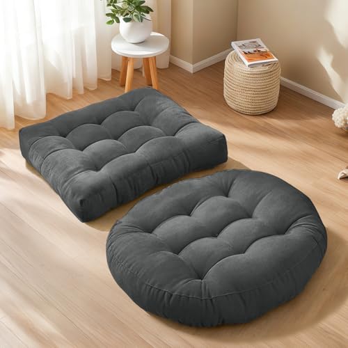 Ryiene Floor Cushion Pillow Set of 2 Large Round and Square Floor Pillows for Adults Meditation Cushion Pillow Tufted Corduroy Cushions for Living Room Outdoor Yoga Tatami Fireplace,20x20 Inch (Grey) - color: Grey