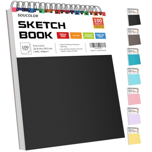Soucolor Sketch Book 9" x 12", 100 Sheets Kids Art Sketchbook Drawing Pad | 68lb Acid-Free, Fine-Texture Paper, Top Spiral for Lay-Flat, Gift for Teens Girls Boys Beginners Adults, School Art Supplies - color: Black, size: 9" x 12" (Pack of 1)