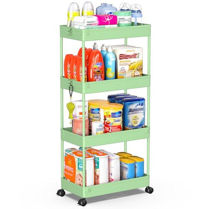 SPACEKEEPER 4 Tier Rolling Cart, Bathroom Cart Organizer with Wheels, Green - color: Green, size: 4 Tier