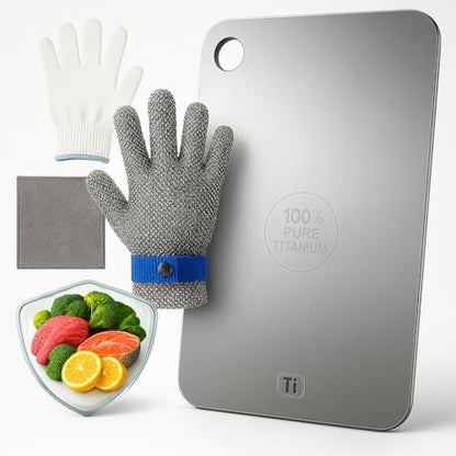"Titanium Cutting Board for Kitchen – 100% Pure Titanium, Double-Sided Reversible, Non-Porous, Dishwasher Safe, Odor Resistant, Includes Cut-Resistant Gloves & Cleaning Cloth(Medium)"
