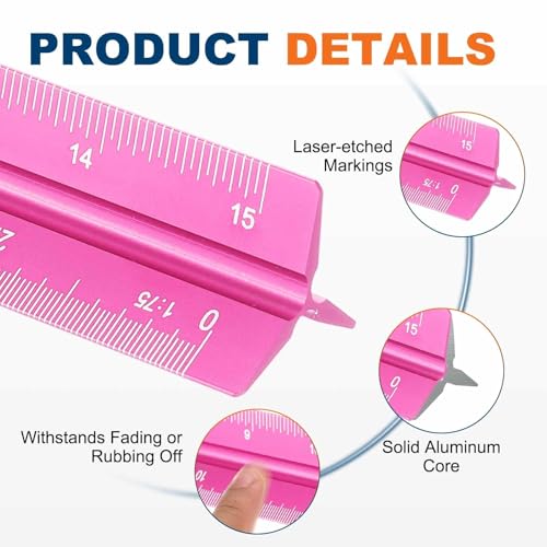 HARFINGTON 2 Pcs Architectural Scale Ruler, 12 Inch Metric Aluminum Alloy Architect Triangular Small Scale Laser-Etched Blueprint Drafting Ruler for Architects Engineers, Rose Red - color: Rose Red, size: 12 Inch