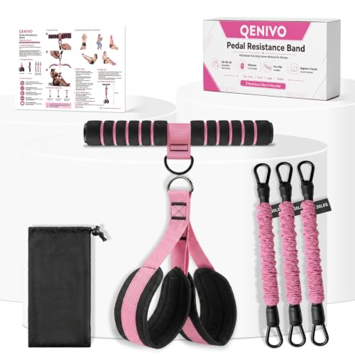 3-Tube Pedal Resistance Band with Handles, 90lbs Peak Resistance | Nylon-covered straps prevent snap injury. Padded pedals & non-slip grips ensure comfortable full body exercises. Beginner gym - color: Pink
