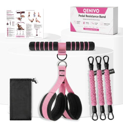 3-Tube Pedal Resistance Band with Handles, 90lbs Peak Resistance | Nylon-covered straps prevent snap injury. Padded pedals & non-slip grips ensure comfortable full body exercises. Beginner gym - color: Pink