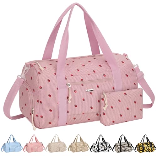 Vankor Gym Bag for Women, 17.5 inch Sports Duffle Bag with Shoe Compartment - color: Pink Corduroy Strawberry