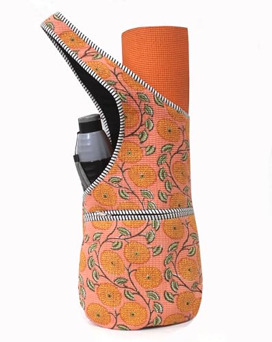 INDIAN CRAFT CASTLE Yoga Mat Bag | Tote Mat Bag | Sling Yoga Tote w/Large Side Pocket & Zipper Pocket | Yoga Mat Carrier Fits Most Size Mats - color: Peach Yellow