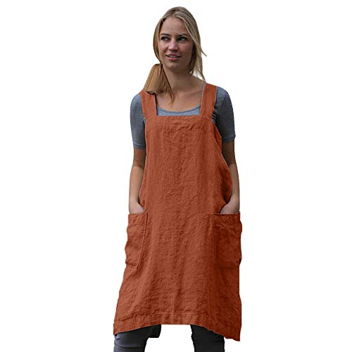 Larmliss Women's Pinafore Square Apron Baking Cooking Gardening Works Cross Back Cotton/Linen Blend Dress with 2 Pockets - color: Orange, size: Small