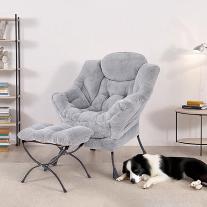Tiita Lazy Chair with Ottoman, Comfy Reading Accent Chair, Plush Light Grey - color: Plush-light Grey