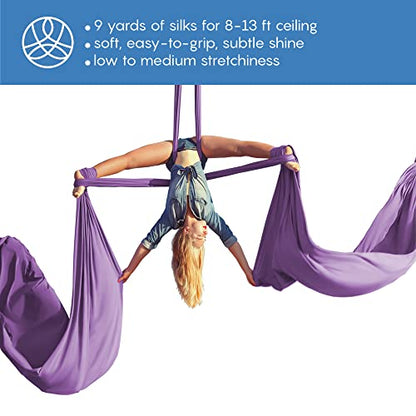 Aerial Silks Starter Kit, 9 Yards, Aerial Yoga Hammock, Hardware | Knitted fabric with pose guide, for aerial yoga, gymnastics, silk swing, stretching and home gym use, suitable for all levels - color: Lavender
