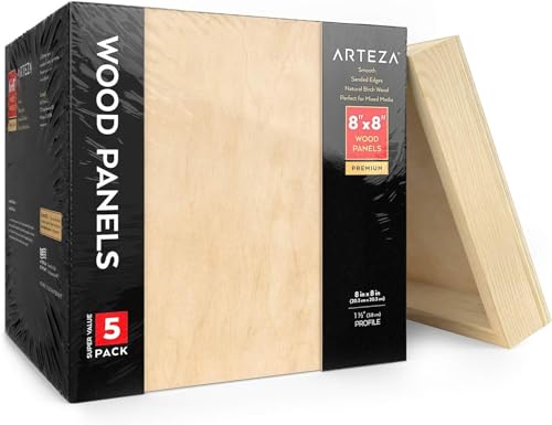 Arteza Wooden Canvas Board, 8x8 Inch, Pack of 5, Birch Wood, Cradled Artist Wood Panels for Painting, Encaustic Art, Wood Burning, Pouring, Use with Oils, Acrylics - size: 8x8 Inch