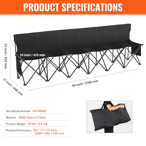 VEVOR Portable Folding B ench, 6 Seats Foldable Sideline B ench, Outdoor Camping Bench Chair with Carry Bag & Backrest, Team Sport Sideline B ench, No Assembly Instant Seating, Black | Lightweight Foldable Sideline Seating with Side Pockets, Carrying Bag,