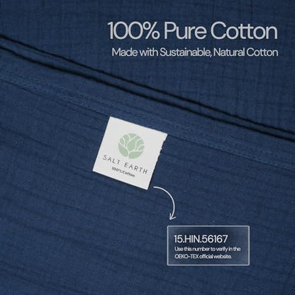 Salt Earth 100% Cotton Gauze 80"X90" Queen 4 Layered Blanket- Dress Blue | Premium Muslin Blanket for Couch,Bed,Living,Summer Lightweight, All Seasons Blankets & Throws, Boho,Travel & Skin Friendly - color: Dress Blue, size: 80"X90" Queen