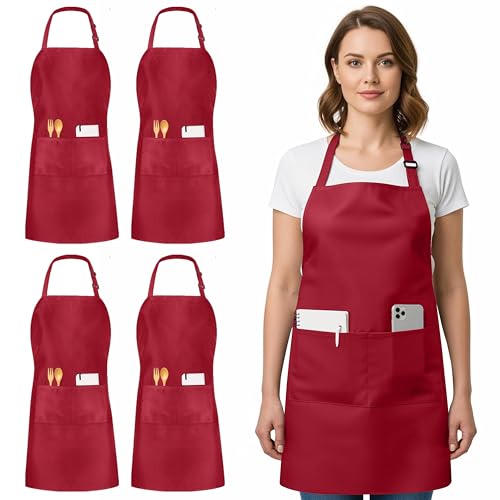 Utopia Kitchen 4 Pack Bib Apron Adjustable with 2 Pockets, Water and Oil Resistant, Cooking Kitchen Chef Apron for Women Men - color: Red
