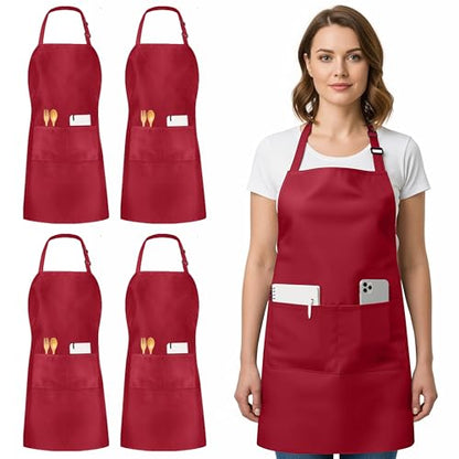 Utopia Kitchen 4 Pack Bib Apron Adjustable with 2 Pockets, Water and Oil Resistant, Cooking Kitchen Chef Apron for Women Men - color: Red