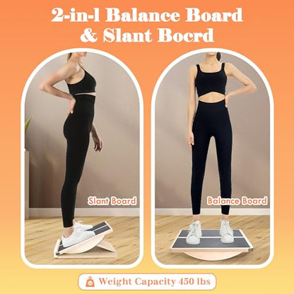 MUCITAGF 2-in-1 Professional Wooden Balance Board & Slant Board, 3 Angles | Adjustable Incline Board and Calf Stretcher, Stretch Board for Knees Ankle Heel Feet Leg, Anti-Slip, 450 lbs Capacity