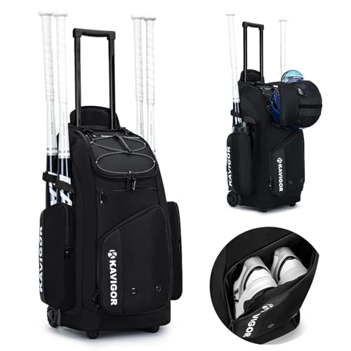 KAVIGOR Rolling Baseball Bag with Wheels, 60L Capacity Softball Bag Holds 4 Bats for Boys and Girls, Youth Equipment Bag with Shoe Compartment - color: Black