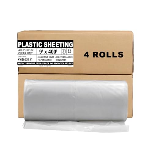 Aluf Plastics Sheeting - 4 Rolls of 7.8 Micron Clear All Purpose Vapor and Moisture Barrier Sheet Tarp/Drop Cloth - 9' x 400' - for Painting, Furniture, Carpet, Contractor, & Construction - color: Clear, style: 9ft x 400ft Sheeting, .31 Mil, 4 Count