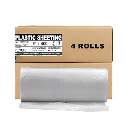 Aluf Plastics Sheeting - 4 Rolls of 7.8 Micron Clear All Purpose Vapor and Moisture Barrier Sheet Tarp/Drop Cloth - 9' x 400' - for Painting, Furniture, Carpet, Contractor, & Construction - color: Clear, style: 9ft x 400ft Sheeting, .31 Mil, 4 Count