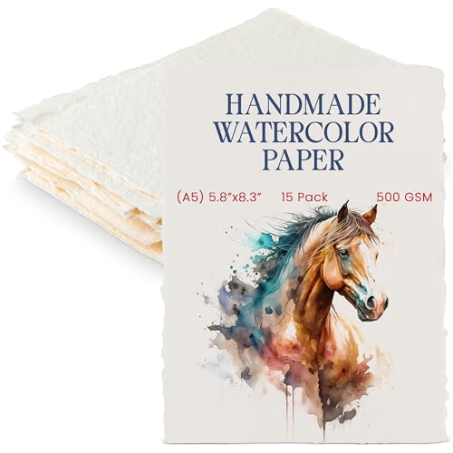 Wanderings Thick Handmade Watercolor Paper with Deckled Edge A5-5.8" x 8.3" - 500GSM Premium Ivory Cold-Pressed Textured Mixed Media Paper Made with Recycled Cotton - 15 Loose Leaf Sheets - color: Ivory, size: 5.8x8.3 inches