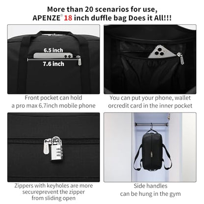 Apenze Small Gym Bag 18 inch Carry On Duffel Bag for Weekender Travel - Black - color: Black, size: 18inch
