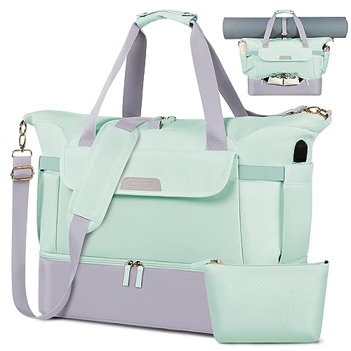 Travel Bag for Women, Sports Gym Duffel Bag with USB Charging Port, Weekender Overnight Bag with Wet Pocket and Shoes Compartment, Carry On Tote Bag Gym Yoga Duffel Bag for Men Women - color: Greengrey
