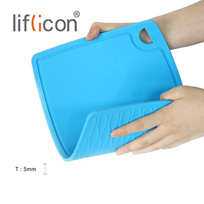 Liflicon Thick Cutting Boards for Kitchen Silicone Chopping Board Set of 2 Mid 12.6'' x 9.1”,Mini 9.1”x7.1” Non-slip Deep Drip Juice Groove Easy Grip Handle,Dishwasher Safe-Blue - color: Blue, size: S+M