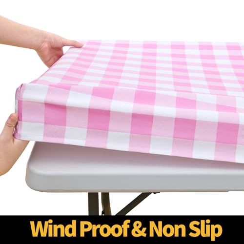 Smiry 4 Foot Picnic Table Cloth, Flannel Backed Fitted Vinyl tablecloths | Waterproof Elastic Rectangle Tablecloth ,Buffalo Plaid Table Covers for Dining, Camping, Outdoor (Pink and White, 30" x 48") - color: Pink and White, size: 48" x 30" (Rectangular)