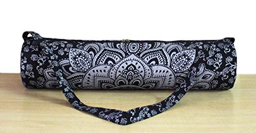 ICC Black Gold Mandala Full-Zip Exercise Yoga Mat Carry Bag Gym Beach Pilates Carrier Bags Hippie Mandala Indian Cotton Bag - style: Black Silver Flower