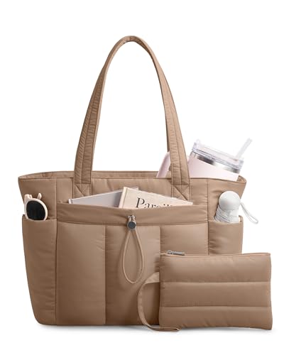 TOPDesign Puffy Tote Bag for Women with Cup Holder & Laptop Compartment & Cosmetic Bag & Trolley Sleeve for Work, Travel - color: Khaki, size: Medium