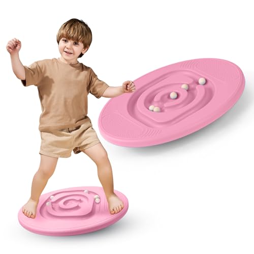 Kids Maze Balance Board - Wobble Trainer for Ski Surf Snowboard, Non-Slip Sensory Rocker Ages 3-12, Core Therapy & Skate Prep - color: pink