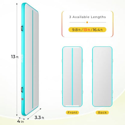 Gymnastics Air Track Tumbling Mat with Air Pump for Home Gym | Inflatable Gym Mat 4 Inches Thick for Home Training, Cheerleading Yoga Outdoor Use, User Manual - size: 13FT