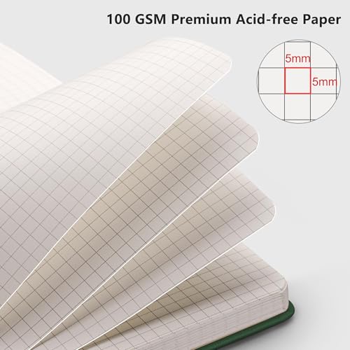 RETTACY Graph Grid Paper Notebook, 192 Pages, A5 Size (5.7'' x 8.3'') | 5 Squares per Inch, Leather Hardcover, 100 GSM Thick Paper, for School, Students, Math, Engineering (Dark green) - color: Dark Green, style: Grid