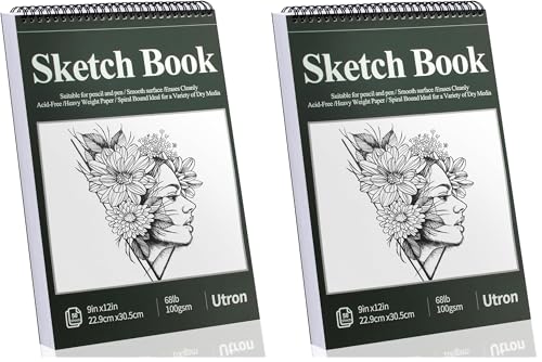 Utron 9"x12" Sketchbook Drawing, Top Spiral Sketching Pad, 100GSM/68LB Acid Free Art Sketching Pad, Drawing Paper, Beginner Artist (50 Sheets, White) (Pack of 2) - size: 2 Pack | 9" x 12"
