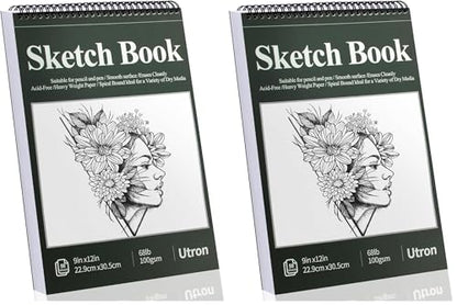 Utron 9"x12" Sketchbook Drawing, Top Spiral Sketching Pad, 100GSM/68LB Acid Free Art Sketching Pad, Drawing Paper, Beginner Artist (50 Sheets, White) (Pack of 2) - size: 2 Pack | 9" x 12"