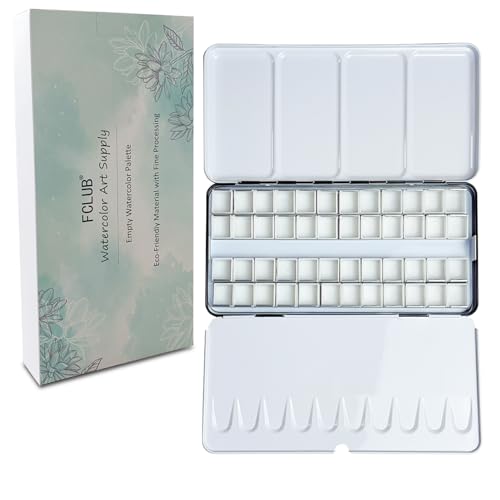 FCLUB Large Empty Watercolor Palette Paint Tray with 48Pcs Half Pans | Metal Watercolor Palette, Plastic Empty Watercolor Half Pans, Folding Paint Tray with Lid, Paint Refills, Watercolor Storage - style: Tin with 48Pcs Half Pans