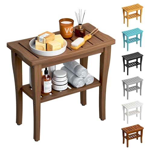 Bamboo Shower Bench Stool with Storage Shelf, Waterproof Shower Chair Spa Bath Seat, Shower Stool for Inside, Bathroom Bench Seat for Adults Elderly Seniors for Indoor or Outdoor Use(Walnut) - color: Walnut