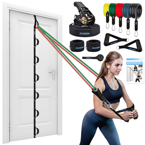 Brebebe Upgrade Door Anchor Strap for Resistance Bands Exercise, Multi Points Anchor Straps with 7 Loops+ 7 D Rings, Home Gym Workout Equipments with Ratchet Adjust Tighten Straps Not Loose, Sturdy - style: Door Anchor+Resistance Bands Set